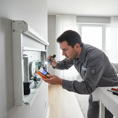 Técnico diagnosticando el problema de una persiana en domicilio