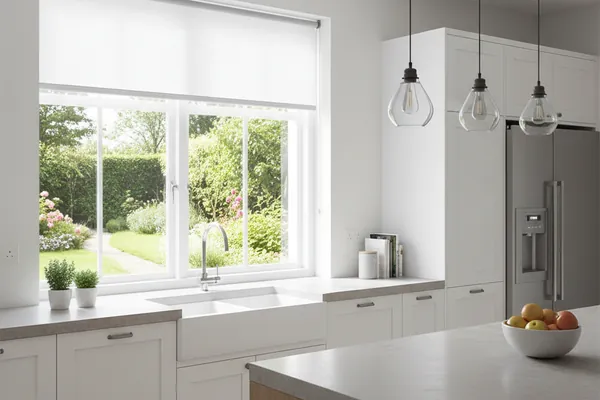 Persiana de PVC enrollable blanca en ventana de piso residencial